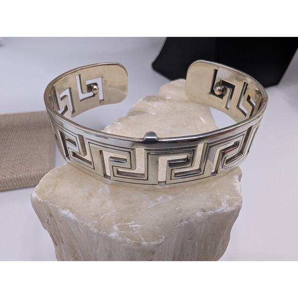 Brighton Silver Tone Greek Key Cuff Bracelet Adjustable 2.5 Inch Wide - Picture 3 of 9